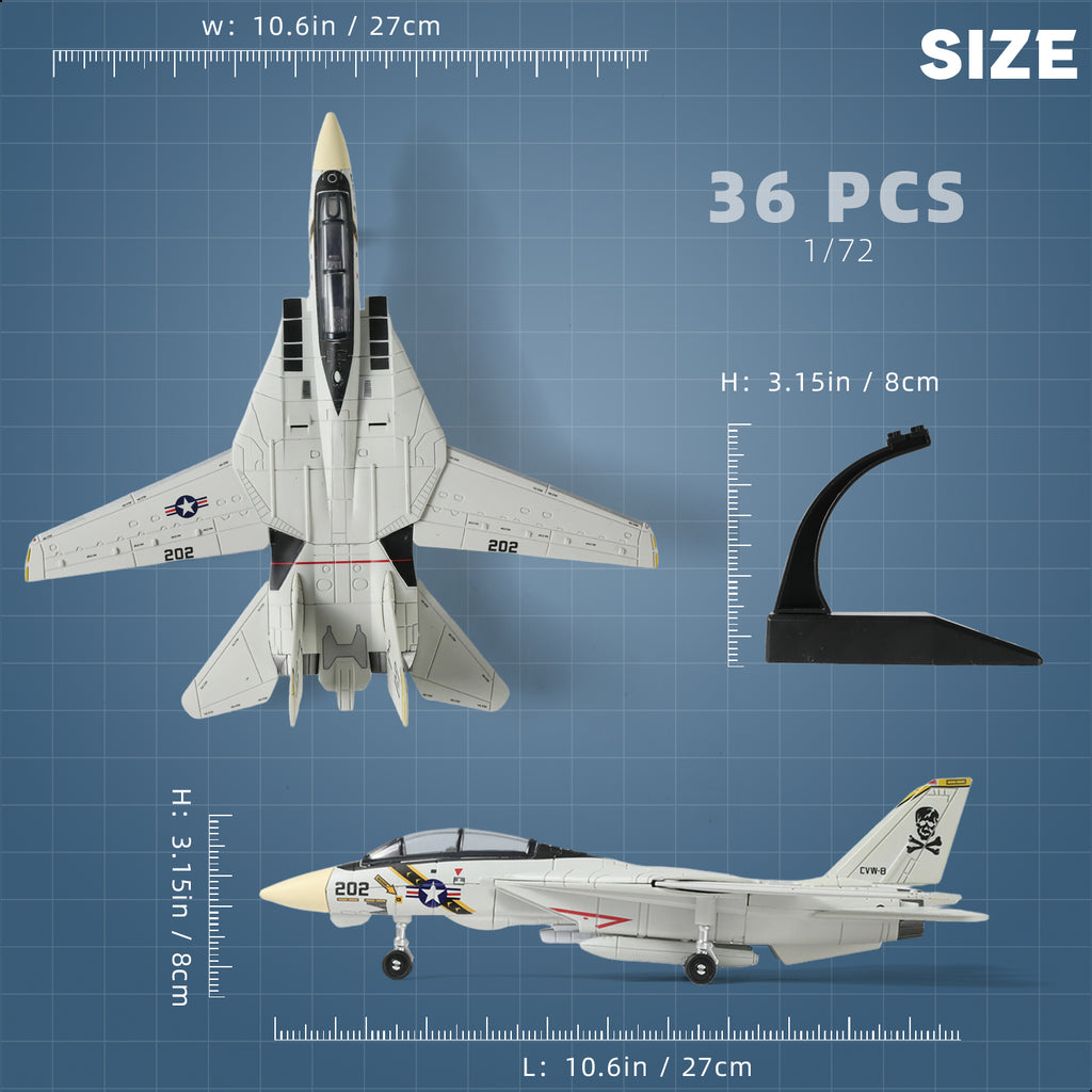 1/72 F-14 Tomcat Fighter Jet Quick Build Model Kit, Snap-Fit Military Aircraft with Display Stand (36 Pieces)