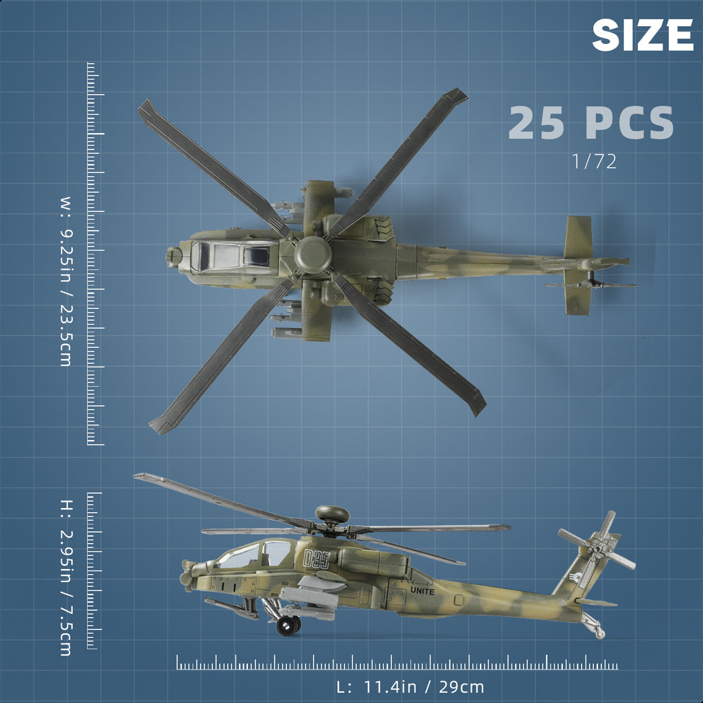 1/72 AH-64 Apache Attack Helicopter Quick Build Model Kit, Snap-Together Military Aircraft with Display Stand (25 Pieces)