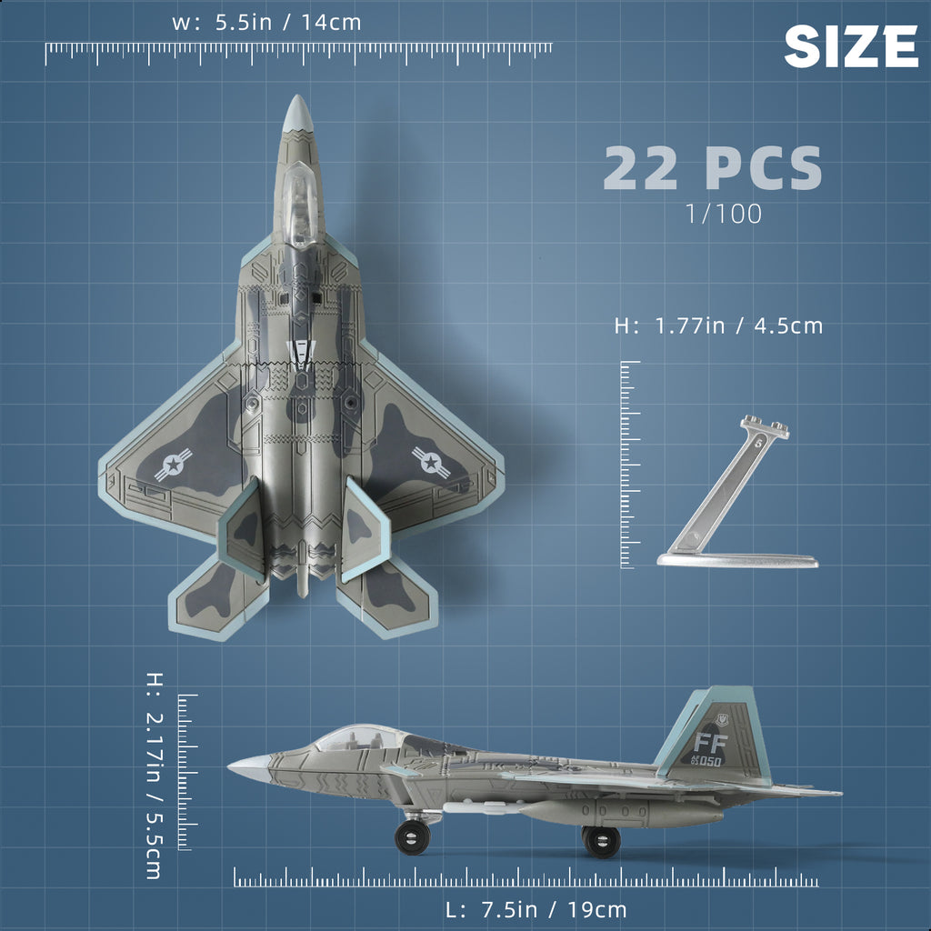 1/100 F-22 Raptor Fighter Jet Quick Build Model Kit, Snap-Together Stealth Aircraft with Display Stand (22 Pieces)